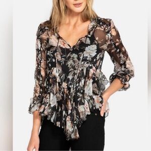 Johnny Was Silk Sheer Floral Ruffle Blouse